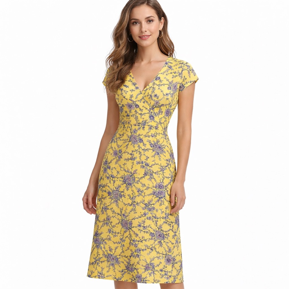 Banana Republic Yellow Wrap Dress with Purple flowers size 8